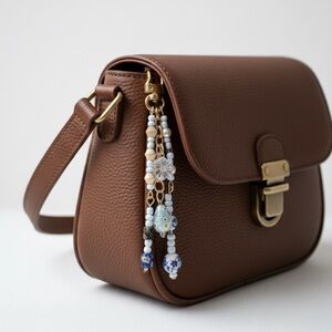 Chic Blue and Gold Beaded Bag Charm Keychain with Floral Bead Detail